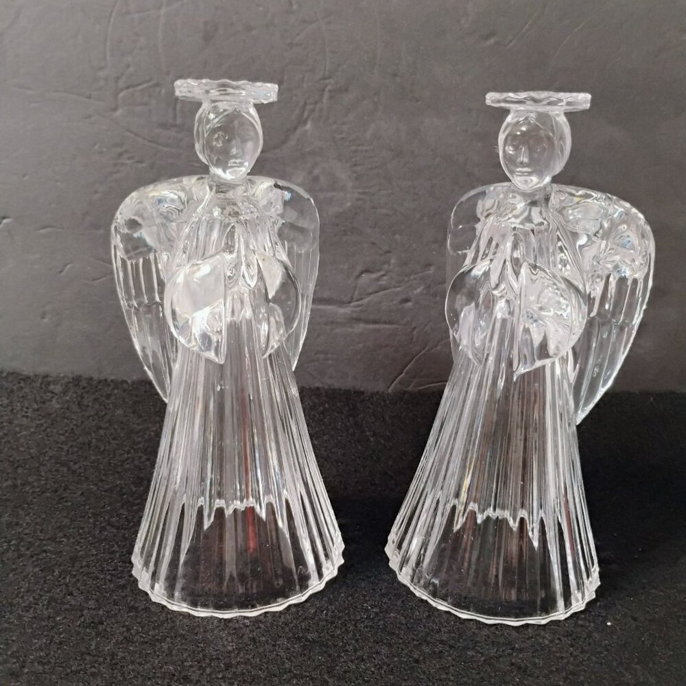 Large Vintage Crystal Angel Candle Holders, Set of 2, Glass Angels Candlesticks - Picture 8 of 10